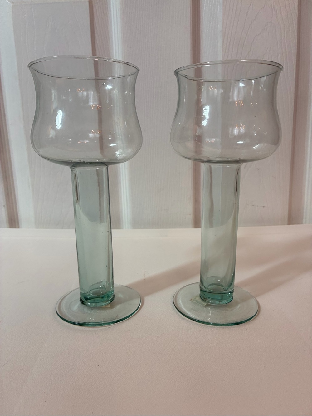 Set Of 2 Spanish Recycled Glass Pedestal Vases/Candle Holders Sea Glass Green
